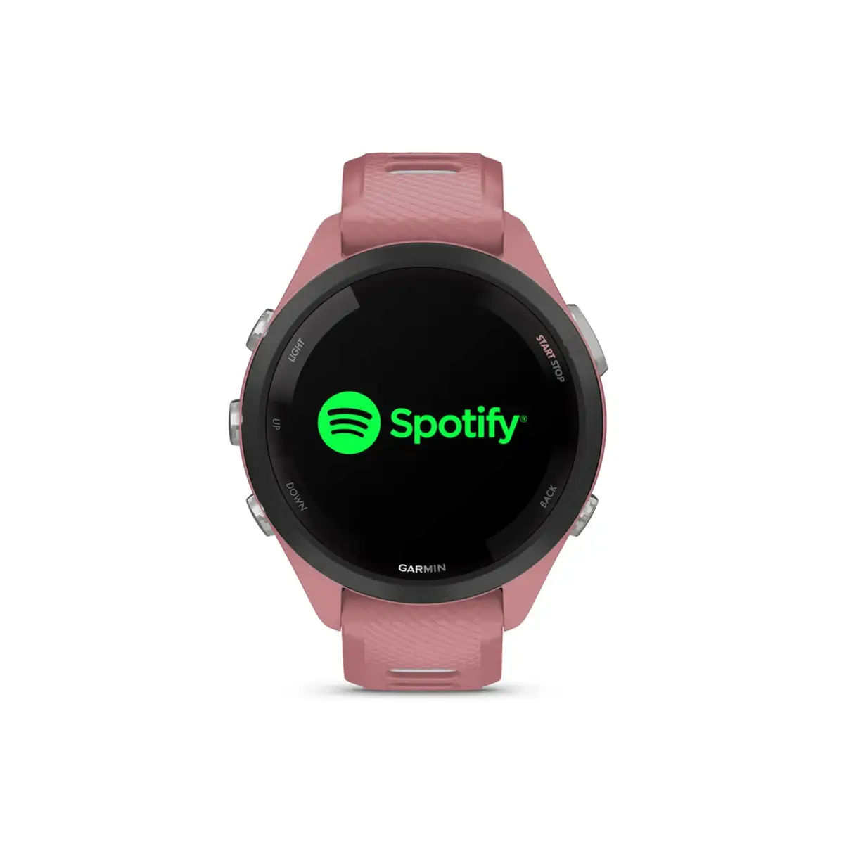 Garmin Forerunner 265S in pink with Spotify screen