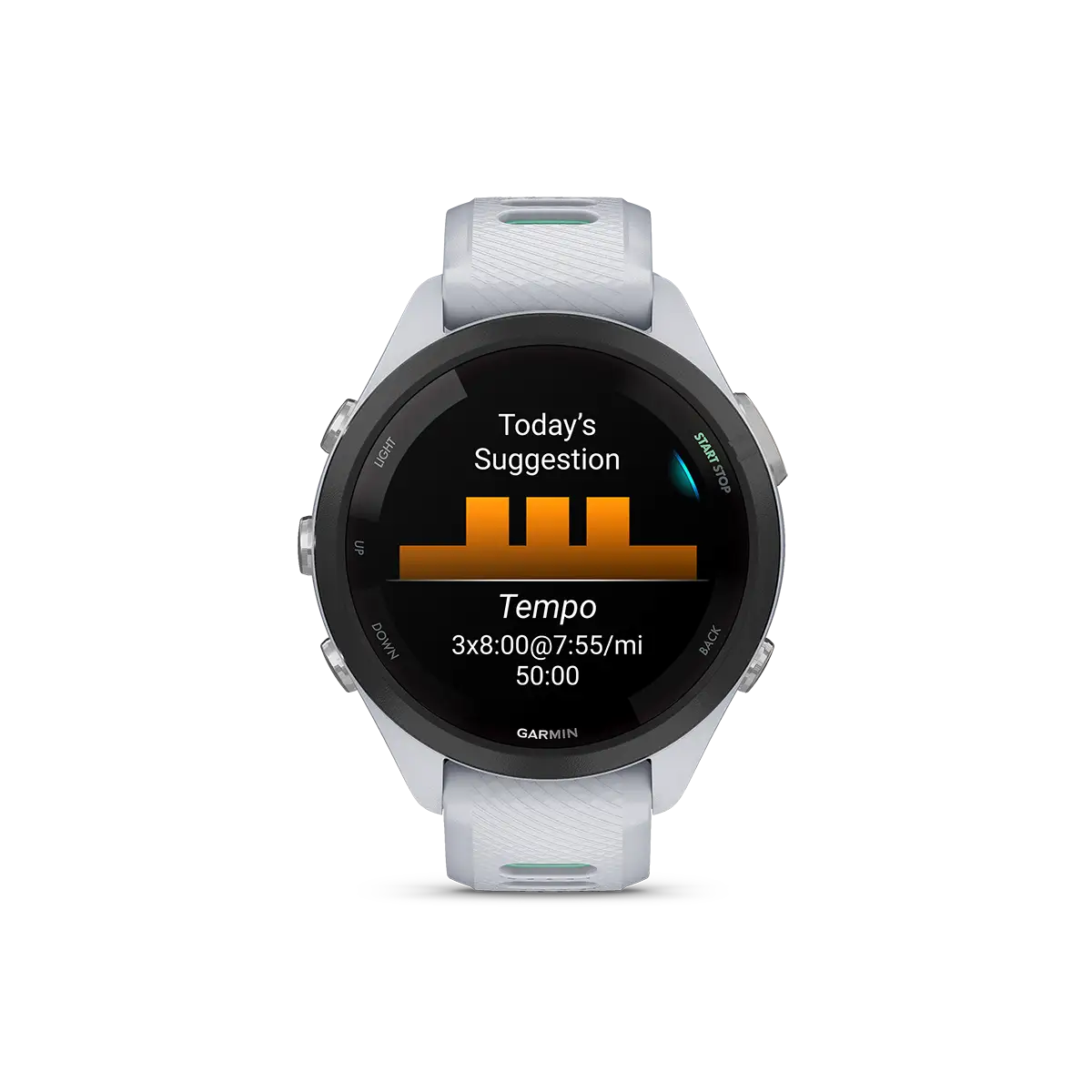 Garmin Forerunner 265S in white with today's suggestions screen
