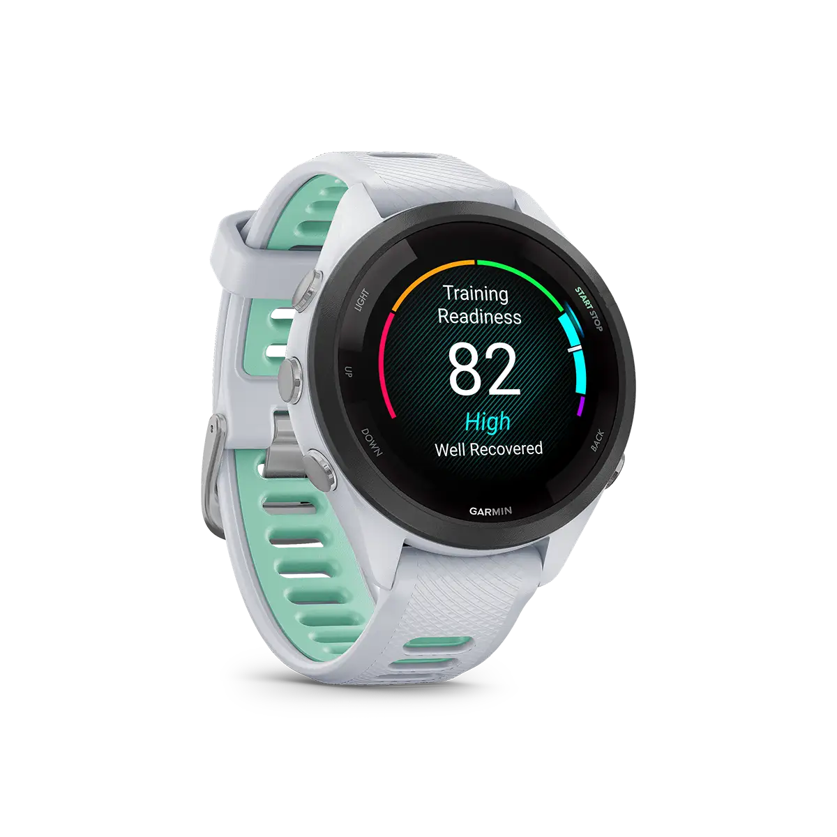Garmin Forerunner 265S in white right angled with training readiness screen