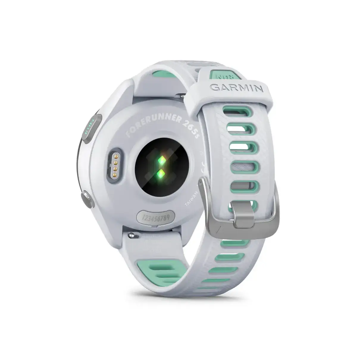 Garmin Forerunner 265S in white back side with heart rate monitor