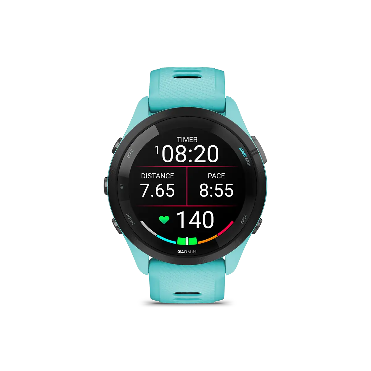 Garmin Forerunner 265 in aqua with timer and data fields screen