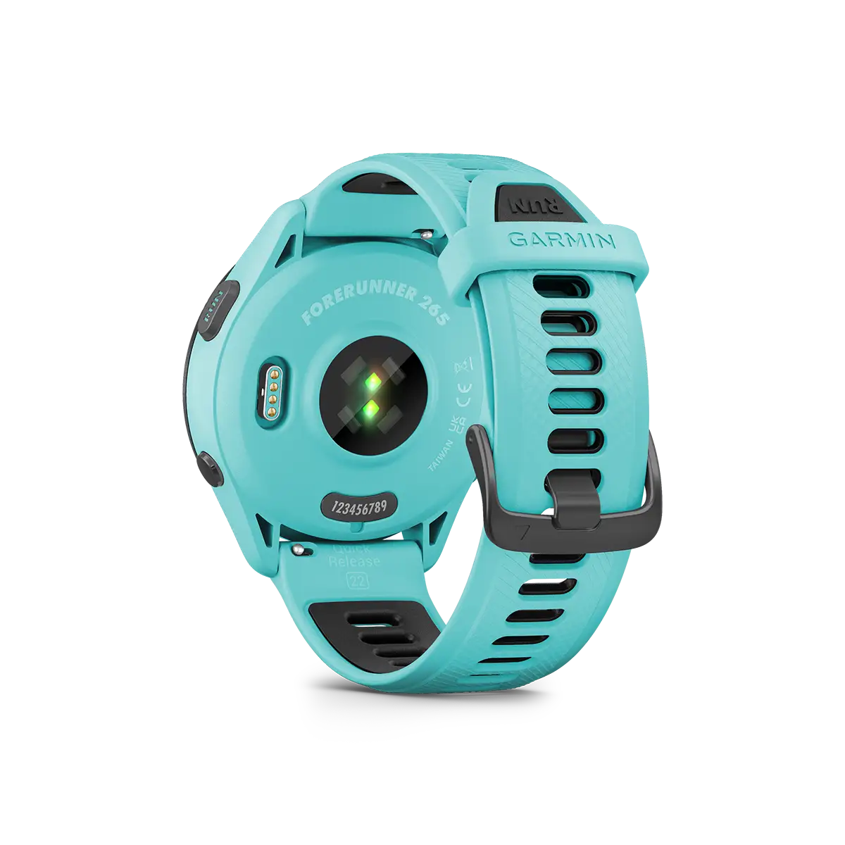Garmin Forerunner 265 in aqua back view with heart rate monitor