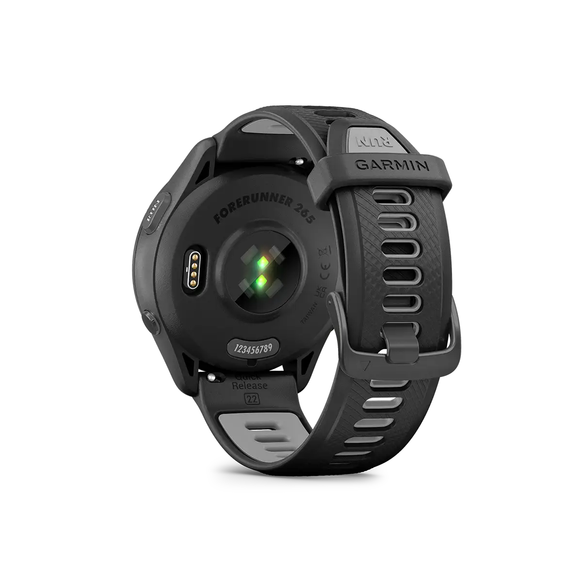 Garmin Forerunner 265 in black back view with heart rate monitor