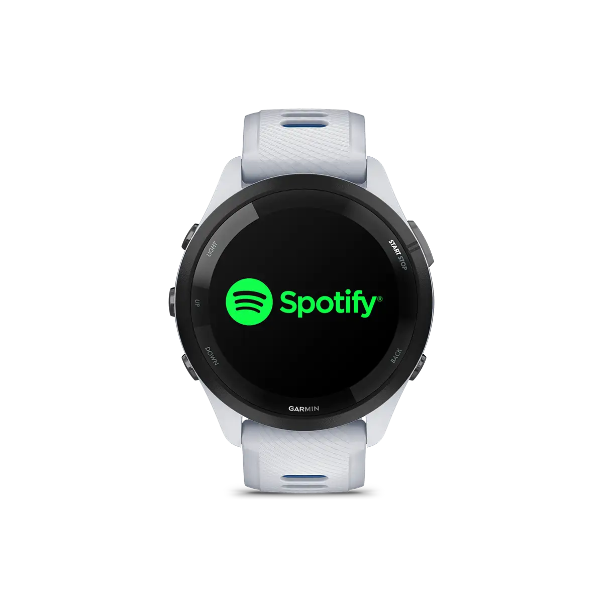 Garmin Forerunner 265 in white with Spotify screen