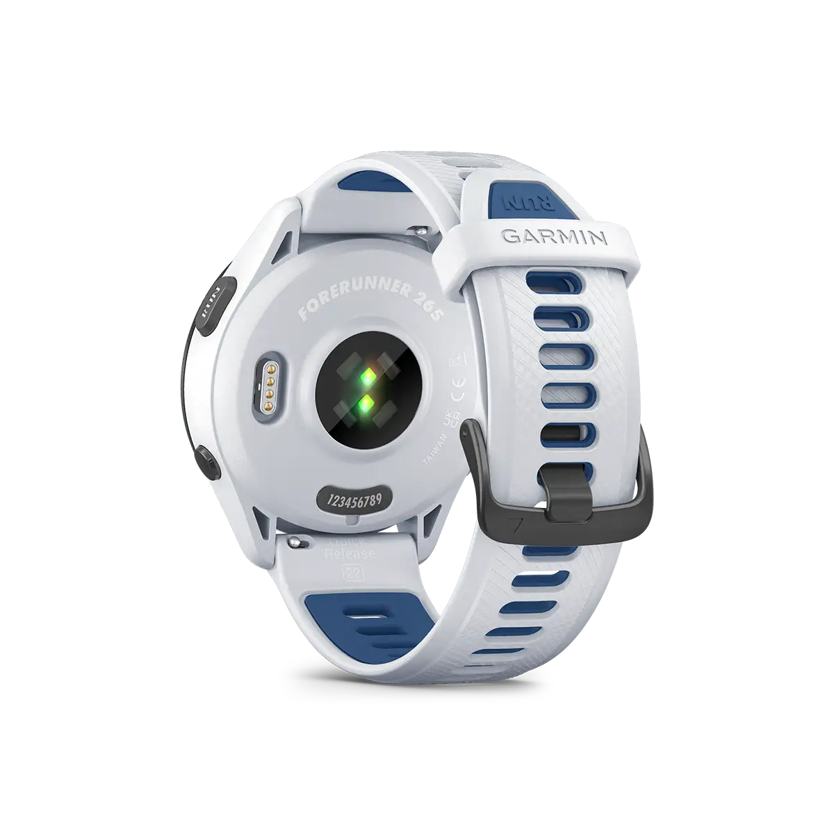 Garmin Forerunner 265 in white back side with heart rate monitor