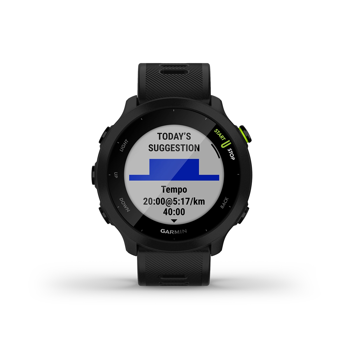 Garmin Forerunner 55 in black with stats