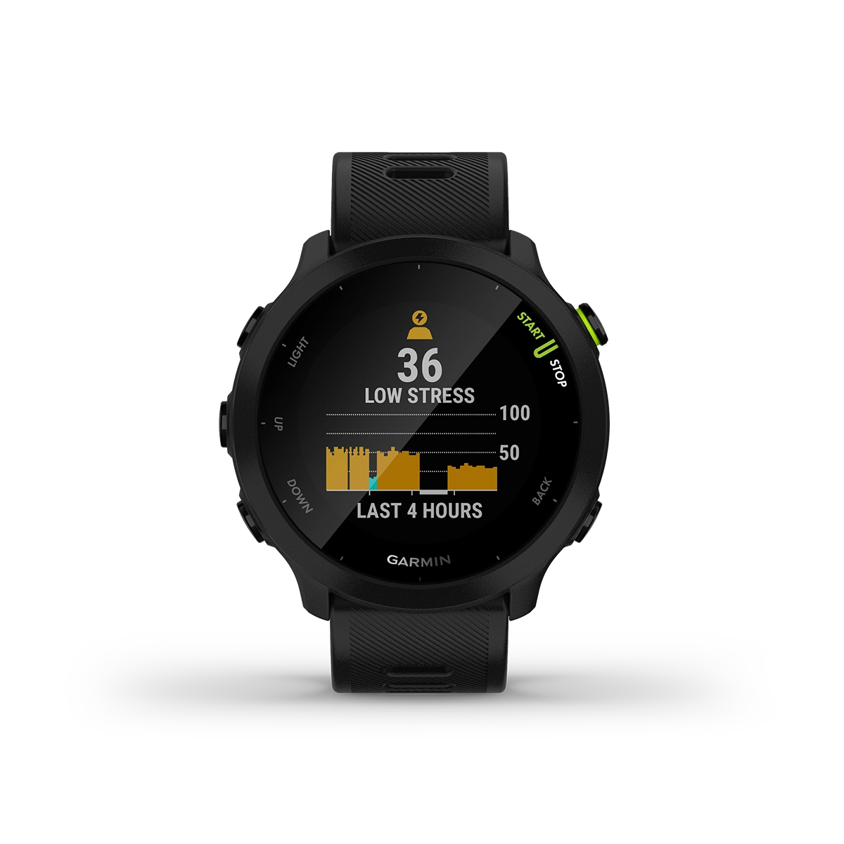 Garmin Forerunner 55 in black with stats