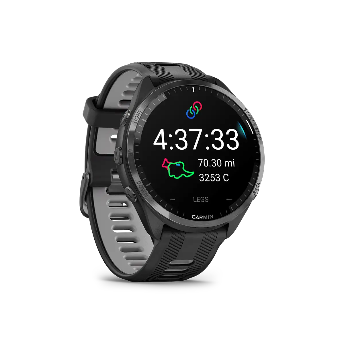 Garmin Forerunner 965 in black angled left with course