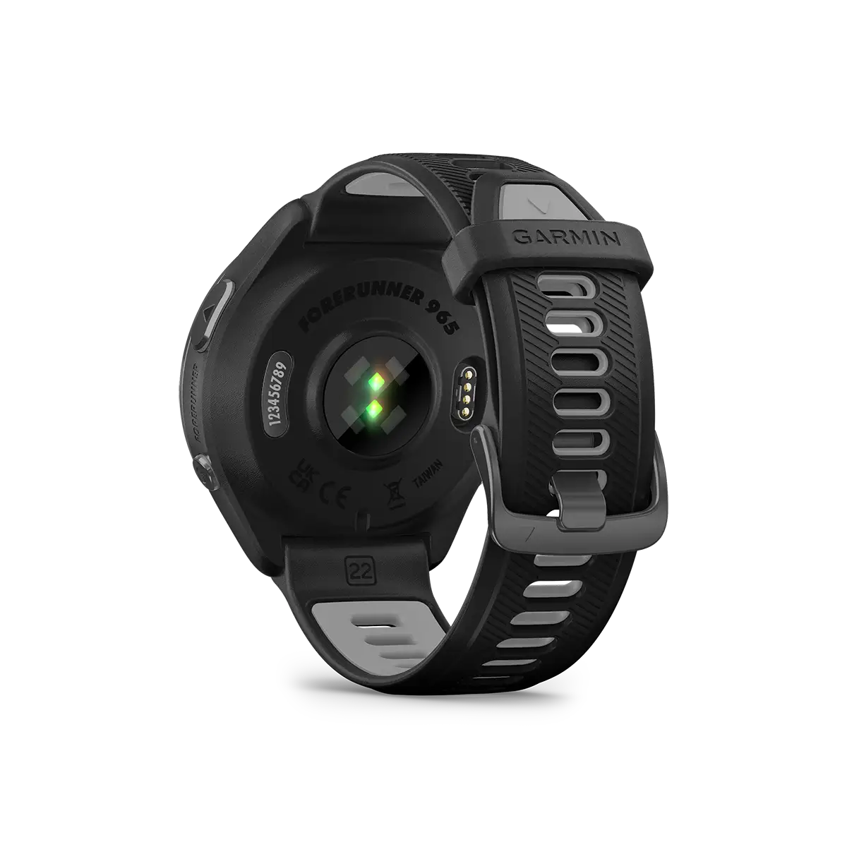 Garmin Forerunner 965 in black back view with wrist heart rate monitor