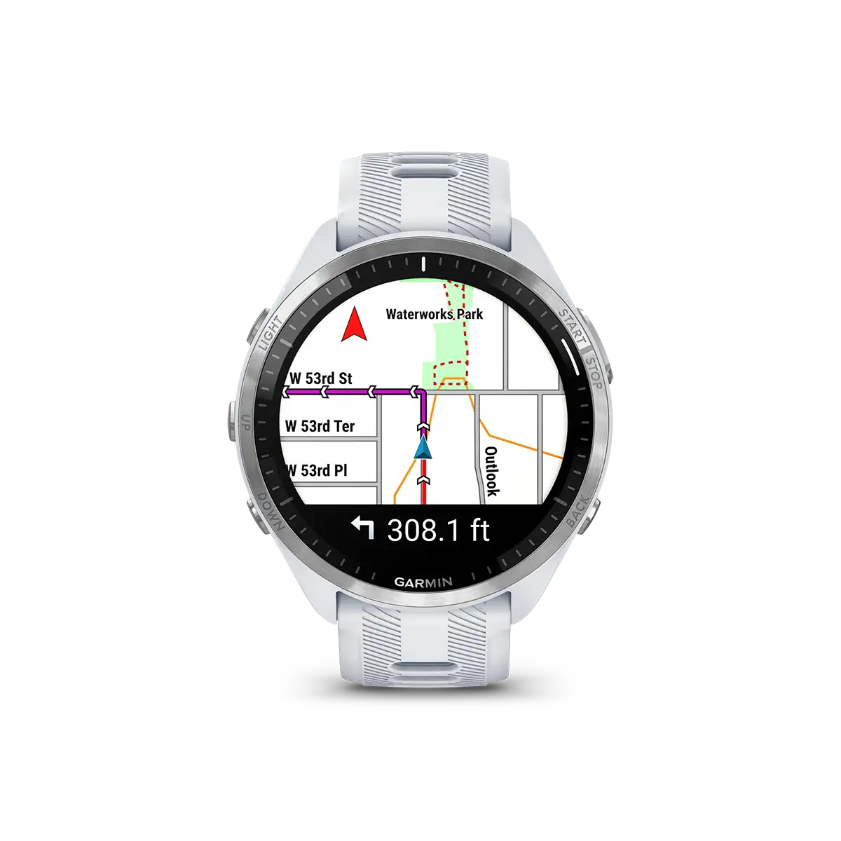 Garmin Forerunner 965 in white with map screen