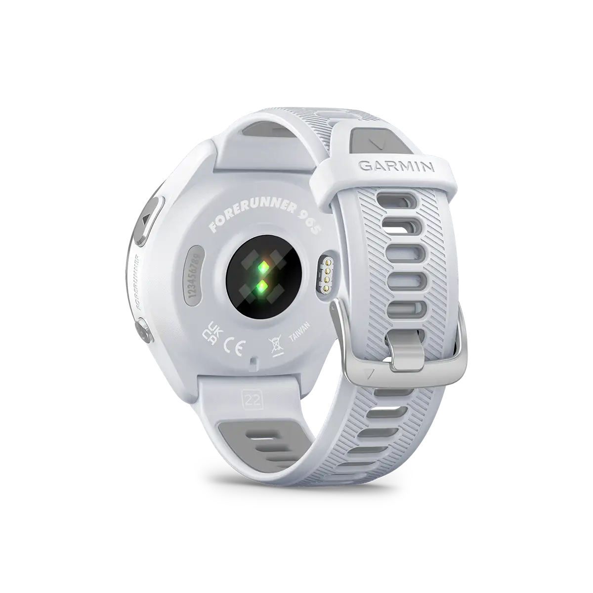 Garmin Forerunner 965 in white back view with heart rate monitor