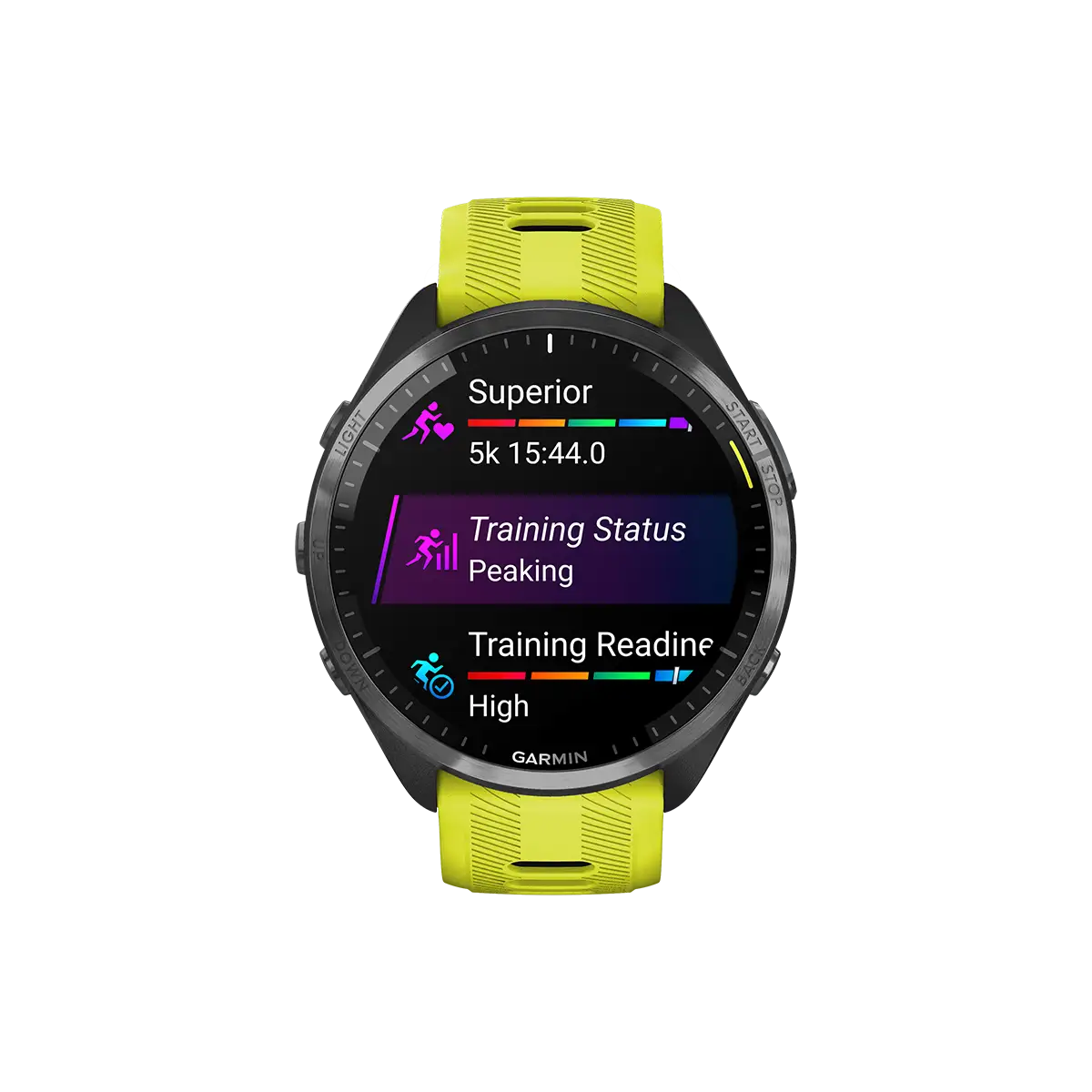 Garmin Forerunner 965 in yellow with training menu options