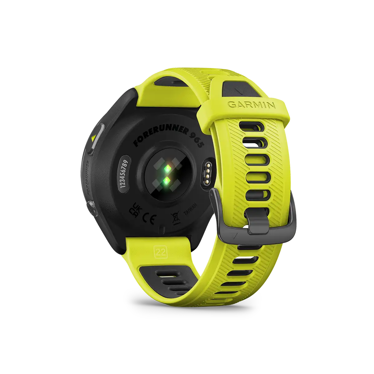 Garmin Forerunner 965 in yellow back view with wrist heart rate monitor