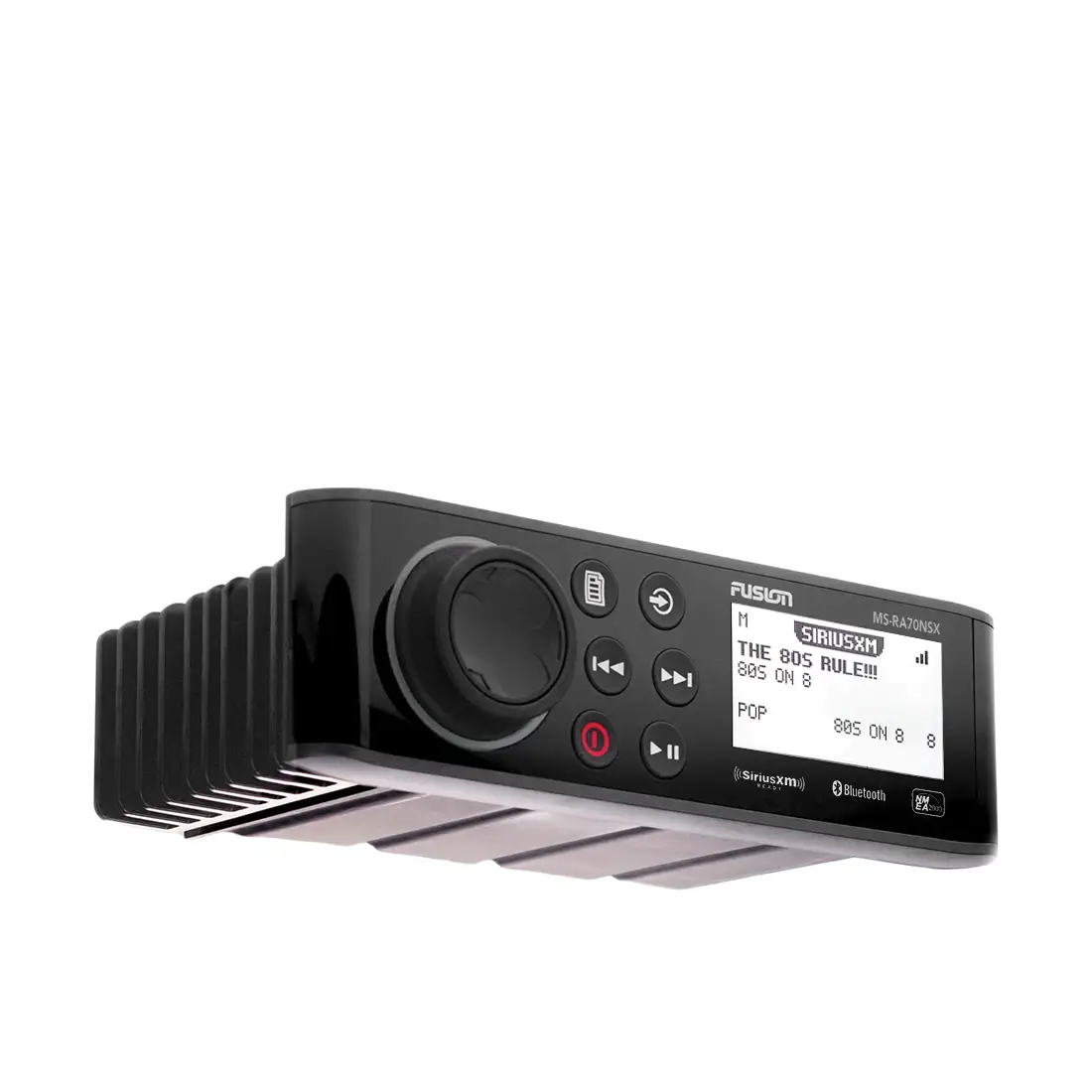 Fusion RA70NSX marine stereo angled right and bottom view