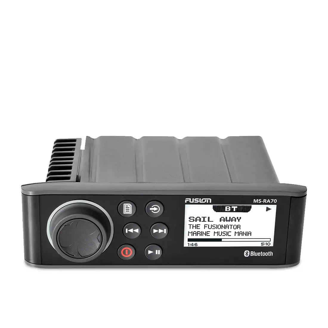 Fusion RA70 marine stereo with top and front view