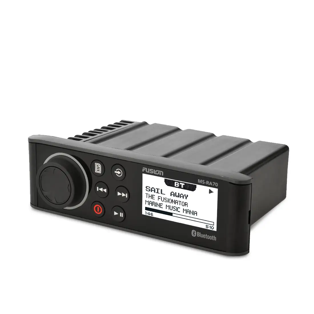 Fusion RA70 marine stereo left view with front and top