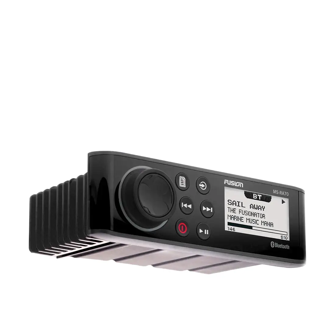 Fusion RA70 marine stereo right angled view with top and bottom