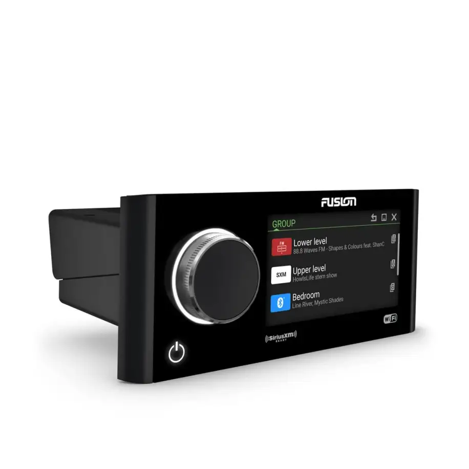 Fusion Apollo MS-RA770 Marine Stereo with Wi-Fi right angled view with group screen