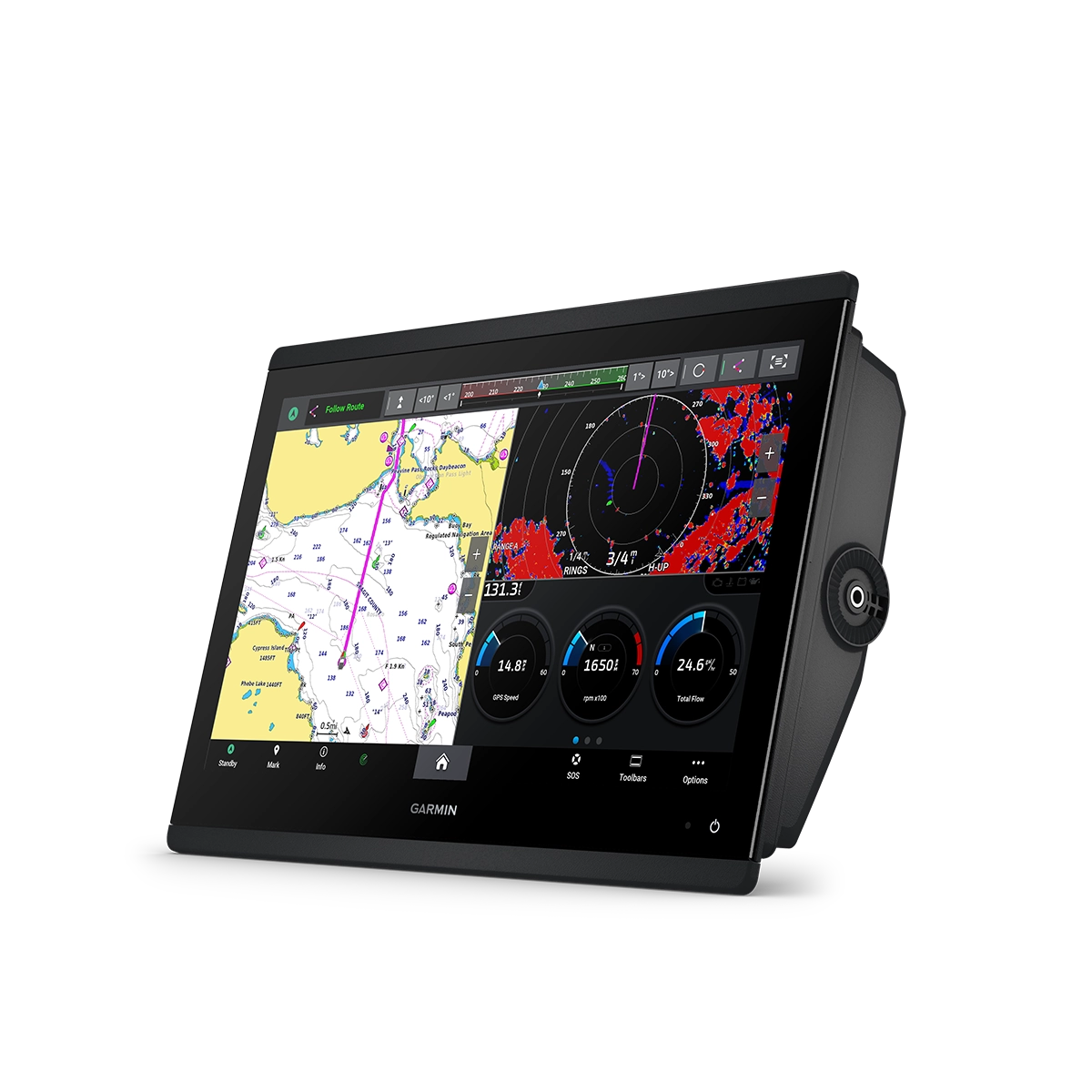 Garmin GPSMAP 16x3 Series split screen with chart, radar and engine
