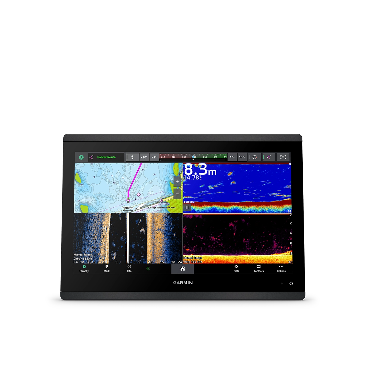 Garmin GPSMAP 16x3 Series split view map, sonar, clearvu and sidevu