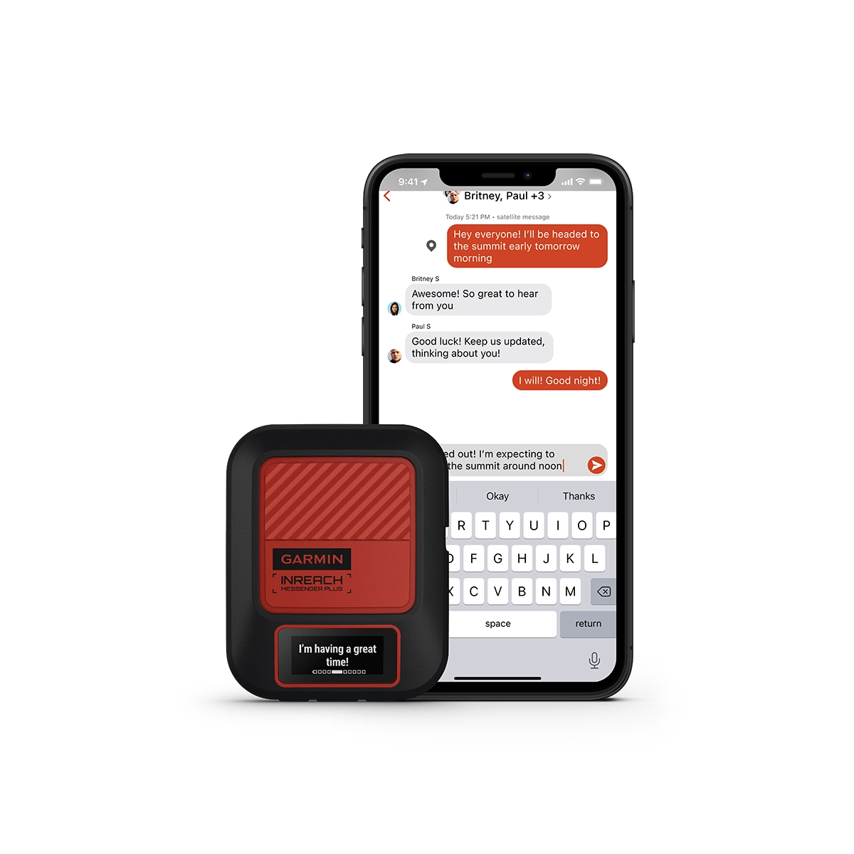 Garmin inReach Messenger Plus with phone message thread