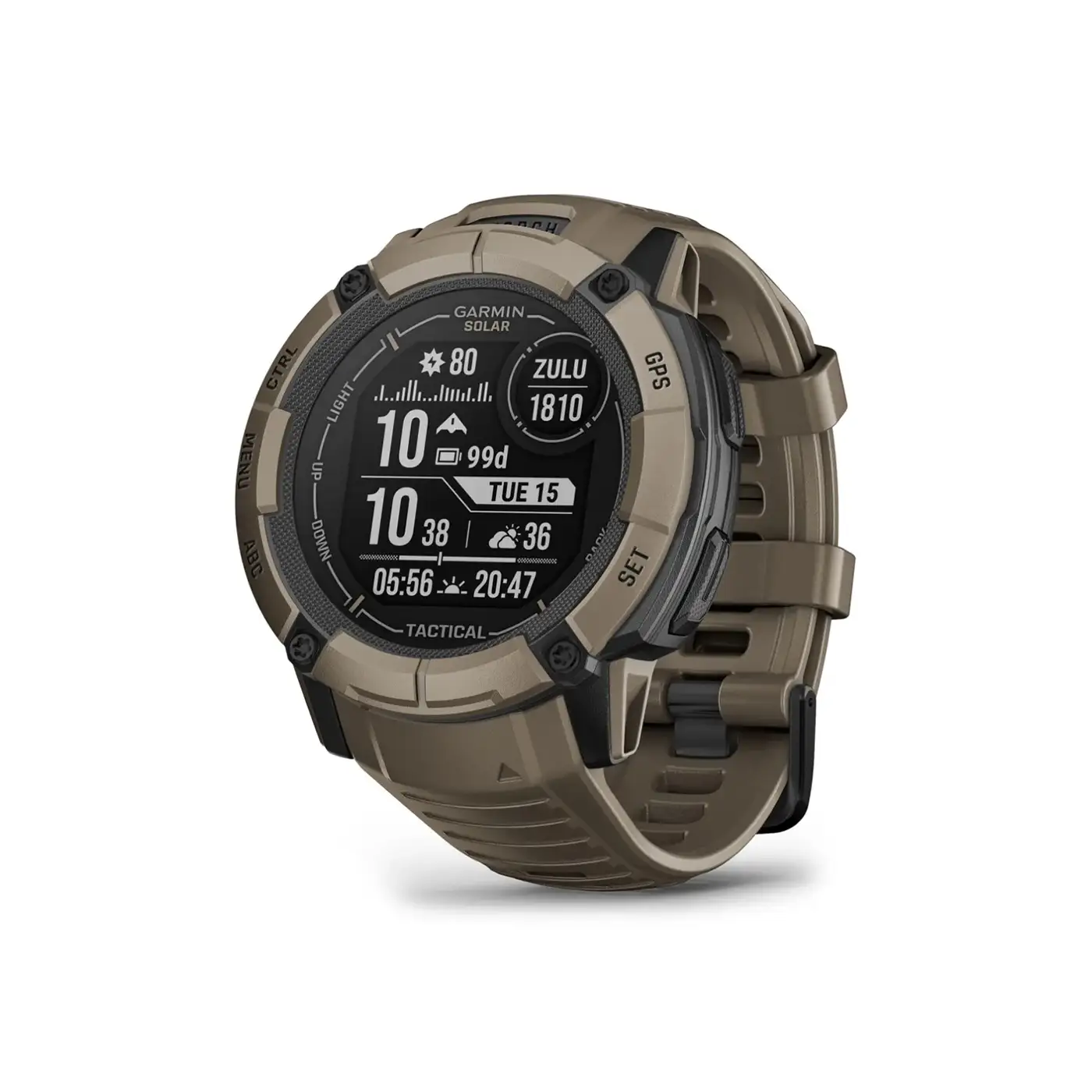 Garmin Instinct 2X Solar - Tactical Edition in coyote tan with homescreen