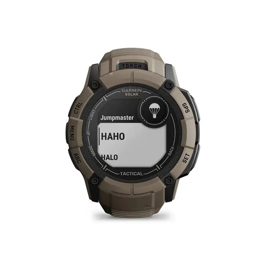 Garmin Instinct 2X Solar - Tactical Edition in coyote tan with HAHO and Jumpmaster screen