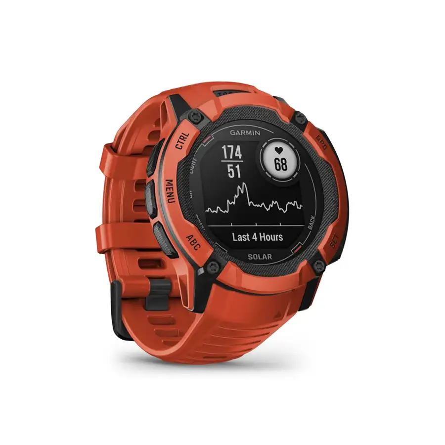Garmin Instinct 2X Solar in flame red angled right with heart rate page