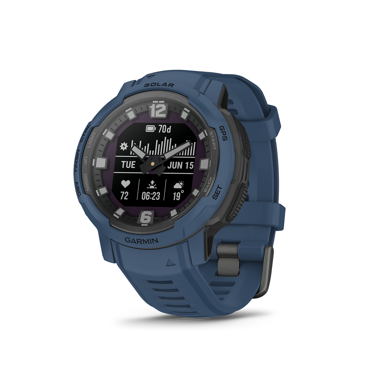 Garmin Instinct Crossover Solar in blue left angled