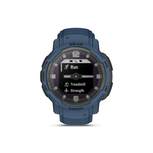Garmin Instinct Crossover Solar in blue workout menu