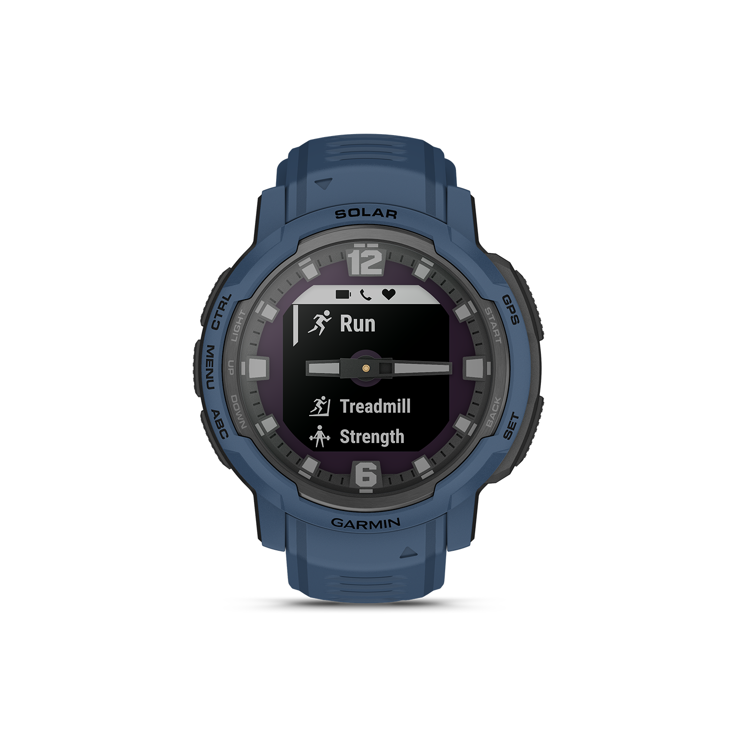 Garmin Instinct Crossover Solar in blue workout menu
