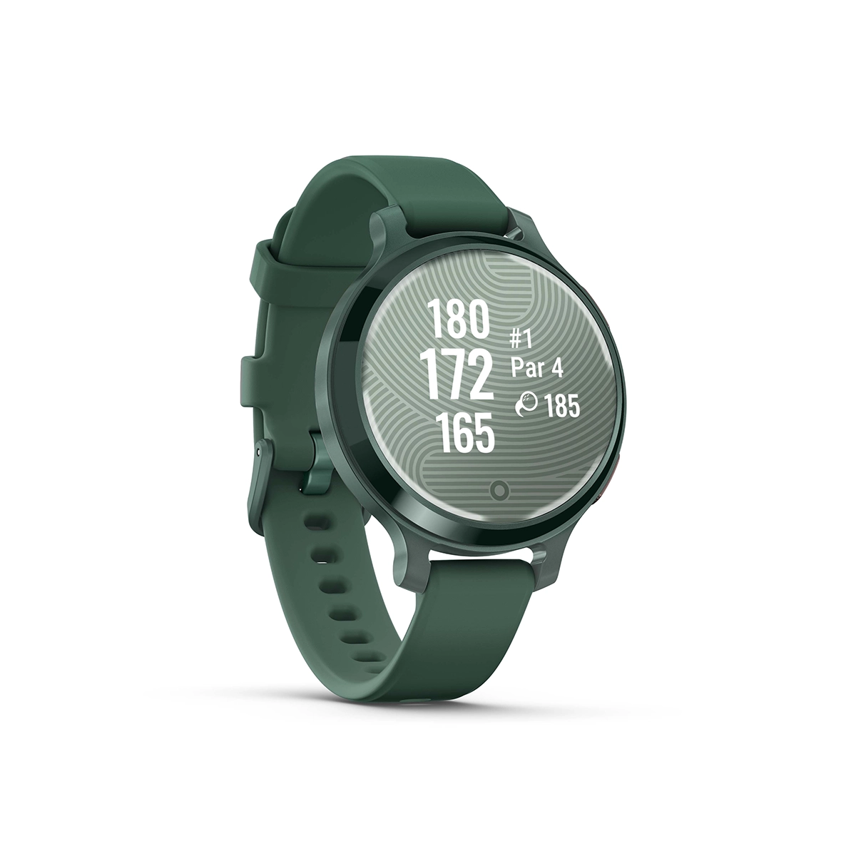 Garmin Lily 2 Active in Lunar Gold with Silver with Jasper Green with Jasper Green Silicone Band golf data screen