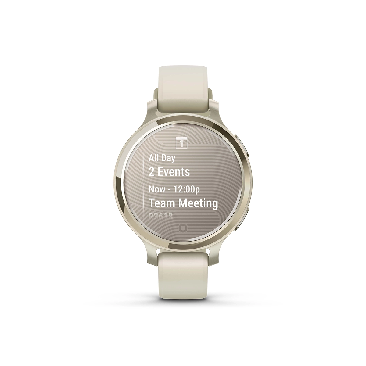 Garmin Lily 2 Active in Lunar Gold with Bone Silicone Band calendar