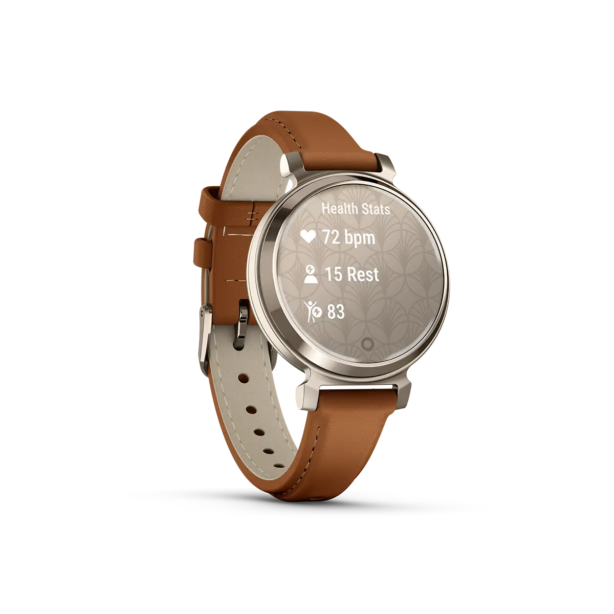 Garmin Lily 2 Classic Cream Gold with Tan Leather Band stats screen