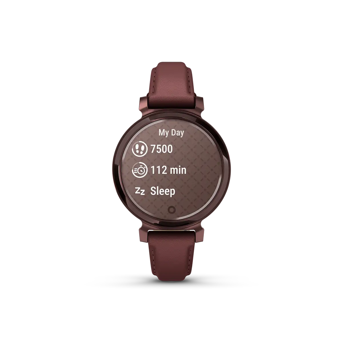 Garmin Lily 2 Classic Dark Bronze with Mulberry Leather Band my day screen
