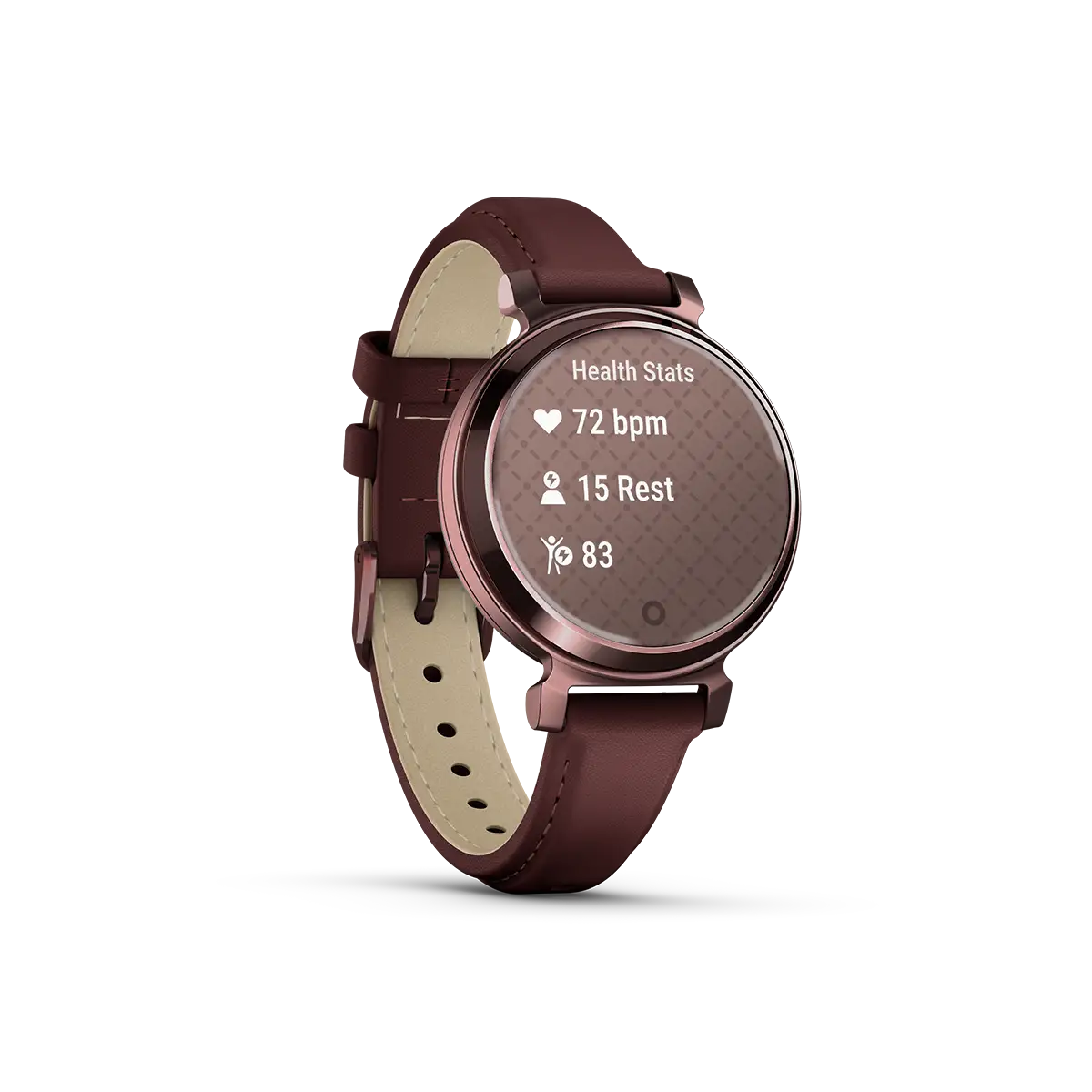 Garmin Lily 2 Classic Dark Bronze with Mulberry Leather Band stats screen