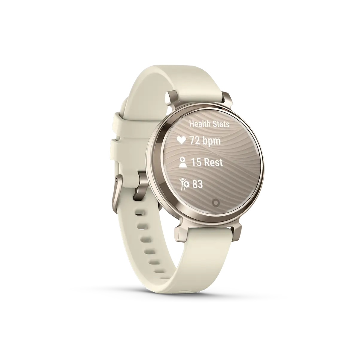 Garmin Lily 2 Cream Gold with Coconut Silicone Band stats screen