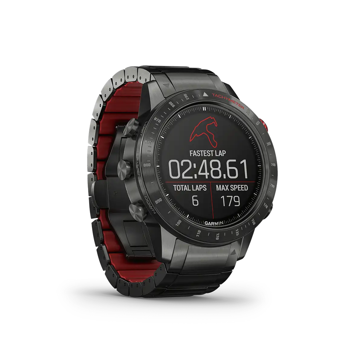 Garmin MARQ Driver angled left with fastest lap screen