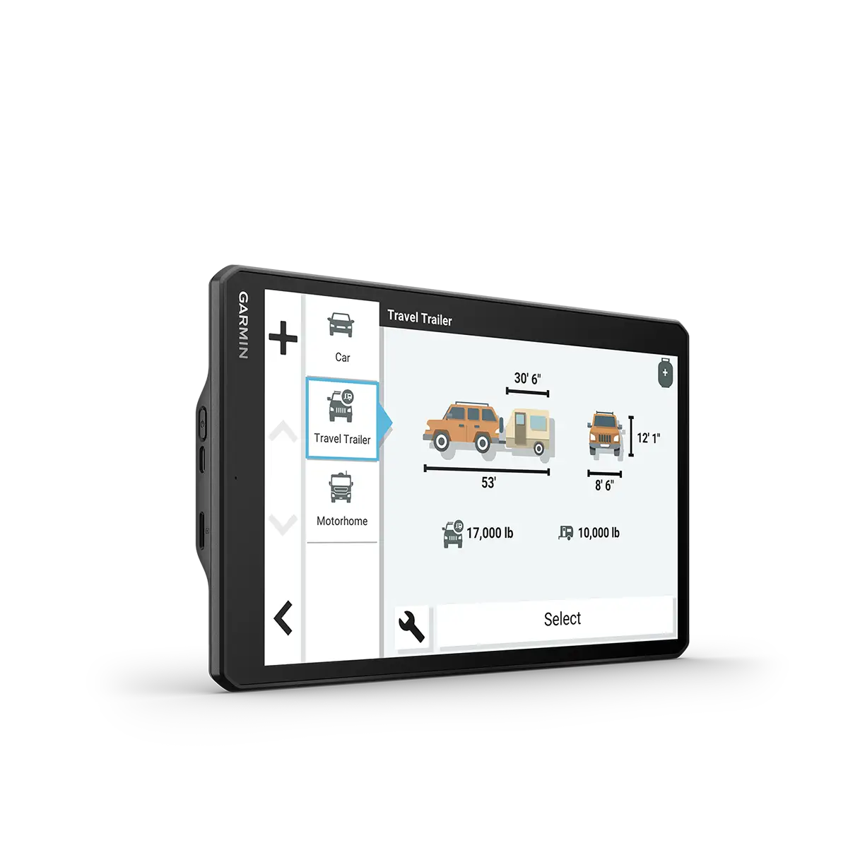 Garmin RV 1095 angled right with truck dimensions screen