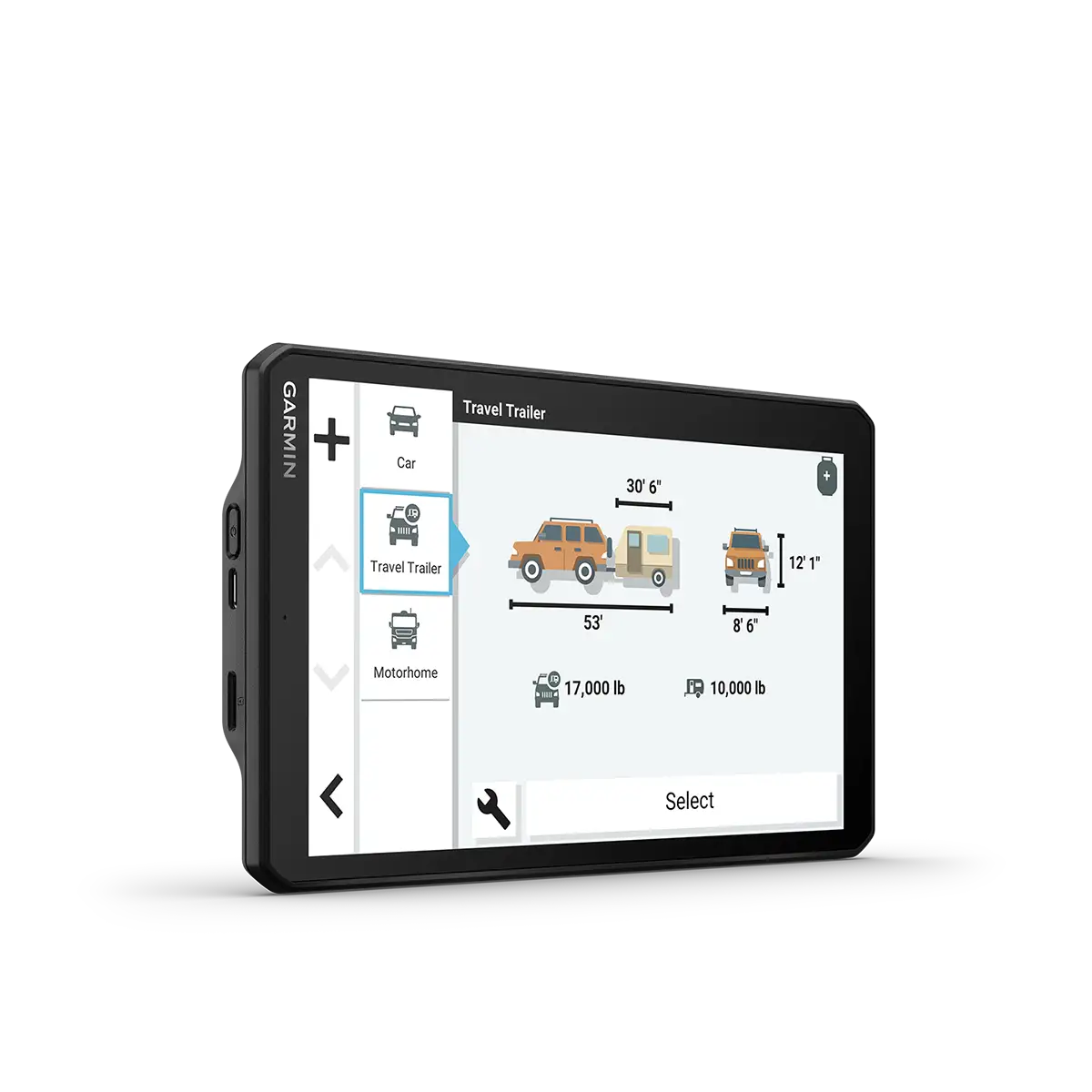 Garmin RV 895 angled right with truck specs