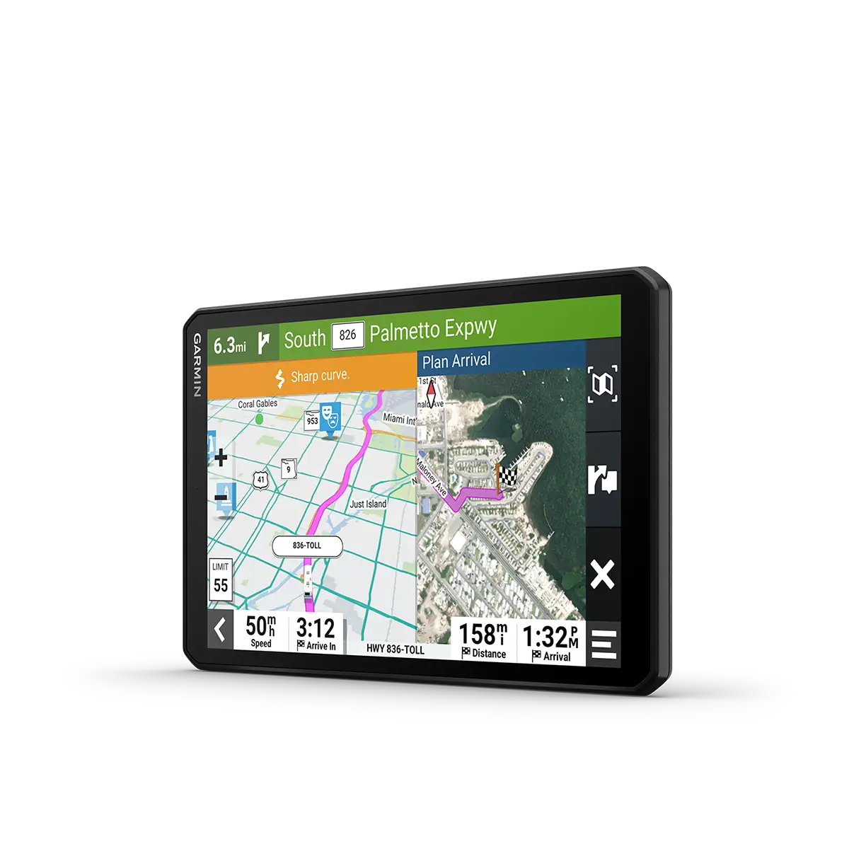 Garmin RV 895 angled left with directions