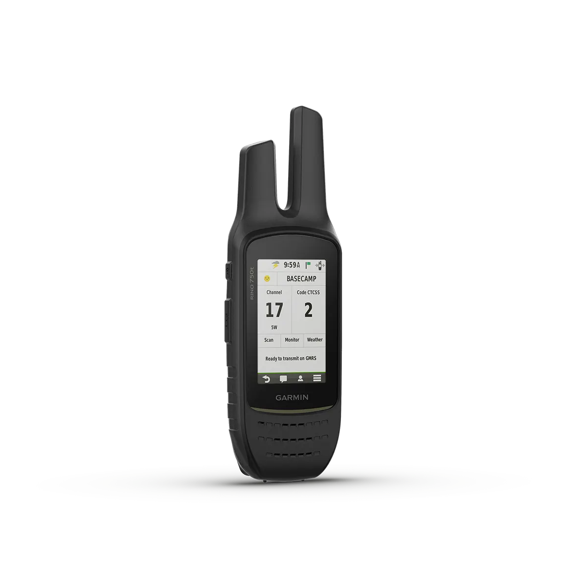 Garmin Rino 750t tilted right with channels screen
