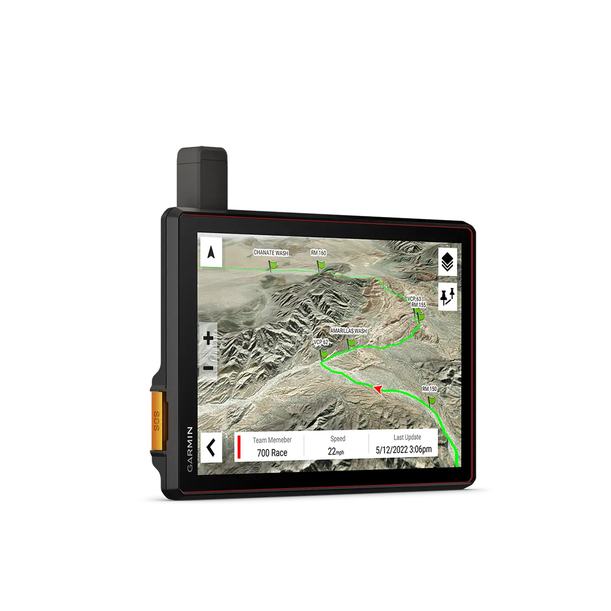 Garmin Tread XL Baja Chase right angled view with directions on 3D terrain map