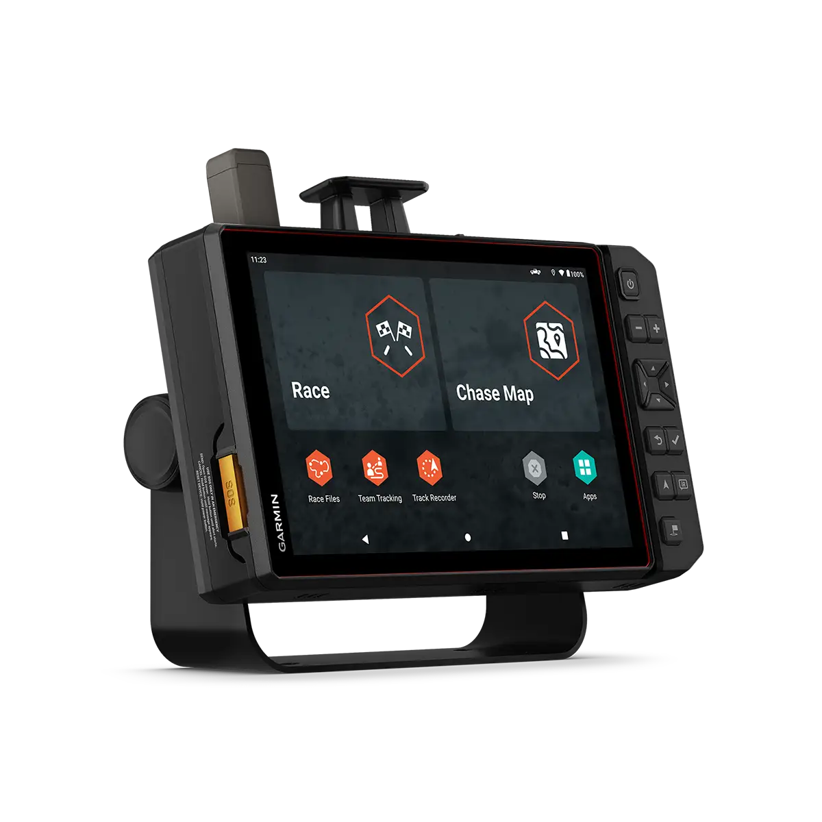 Garmin Tread XL Baja Race right angled view with menu page