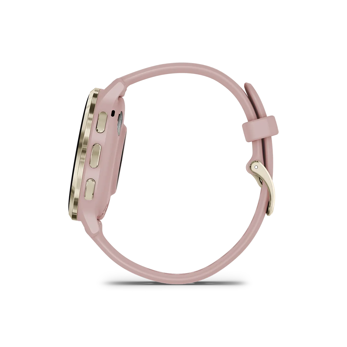 Garmin venu 3s in soft gold and dust rose side view with buttons