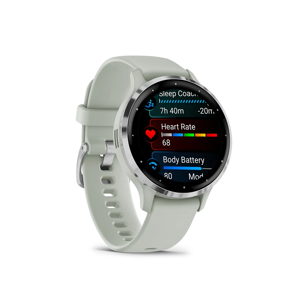 Garmin venu 3s in silver and sage grey right side view