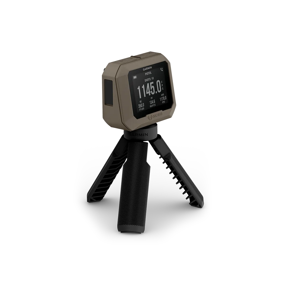 Side view of Garmin Xero C1 Pro chronograph with pistol shot count and data