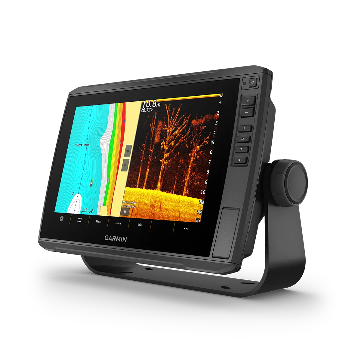 Garmin ECHOMAP Ultra 2 10” marine chartplotter left angled view with 2 split screens showing charts and sonar