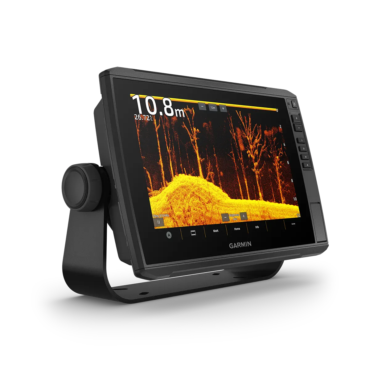 Garmin ECHOMAP Ultra 2 106sv 10” screen showing orange trees sonar