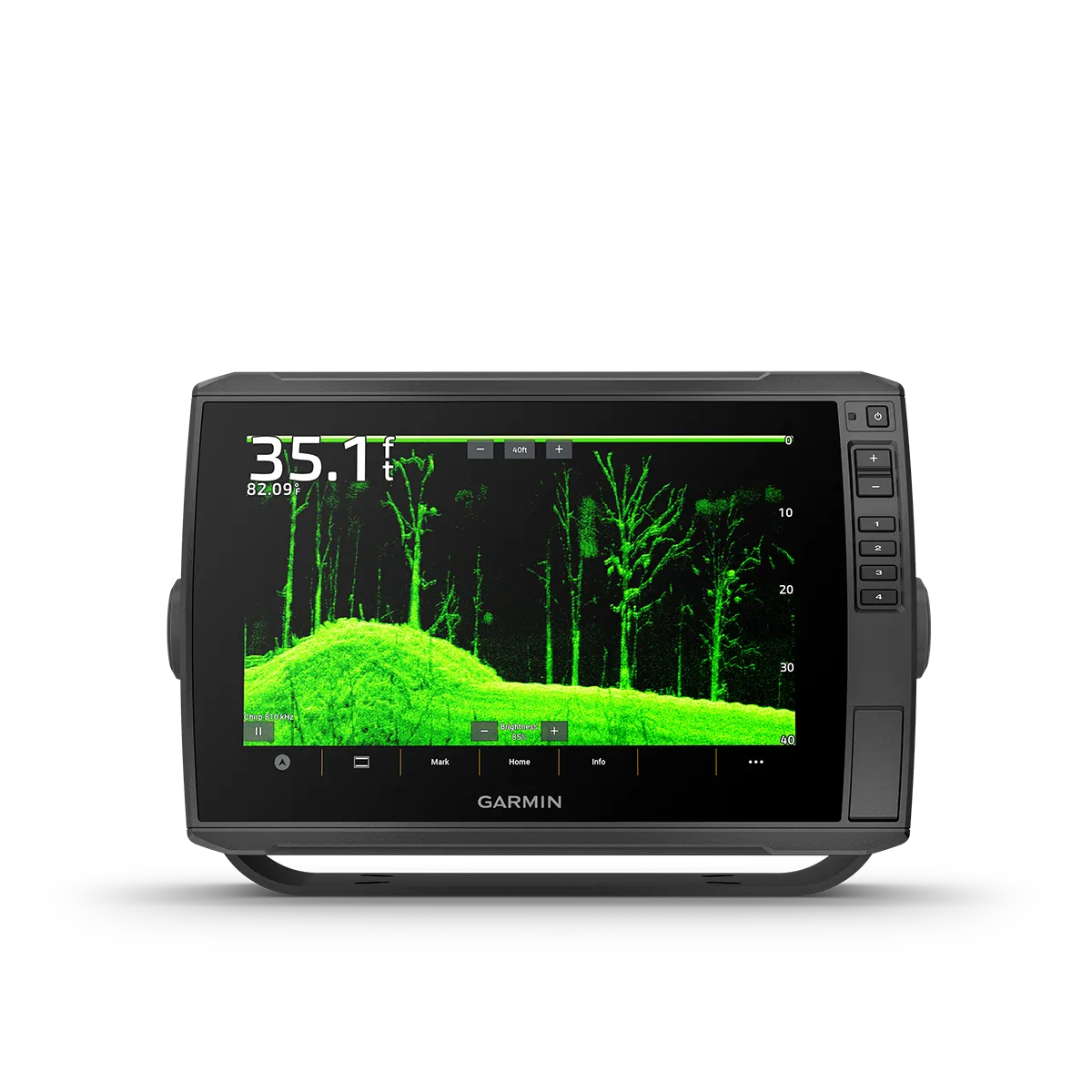 Garmin ECHOMAP Ultra 2 106sv 10” screen showing green trees on the bottom